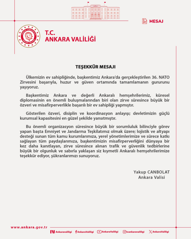 Ankara Valisi Canbolat’tan NATO Zirvesi teşekkürü