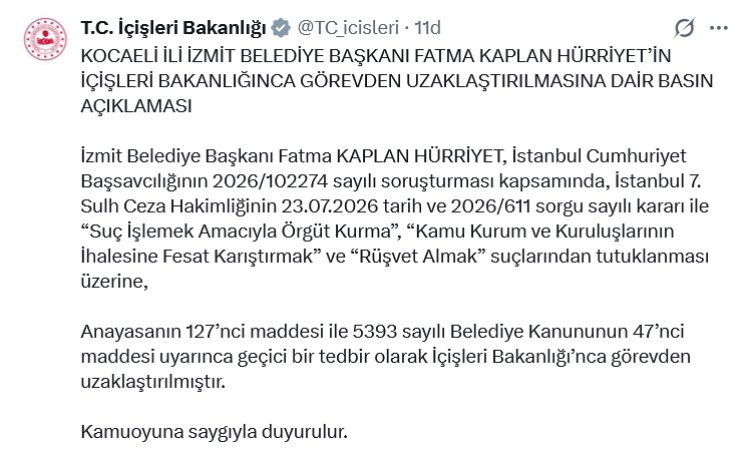 İzmit Belediye Başkanı Fatma Kaplan Hürriyet görevden uzaklaştırıldı!