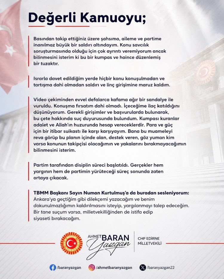 Ahmet Baran Yazgan’dan ‘dokunulmazlık’ açıklaması