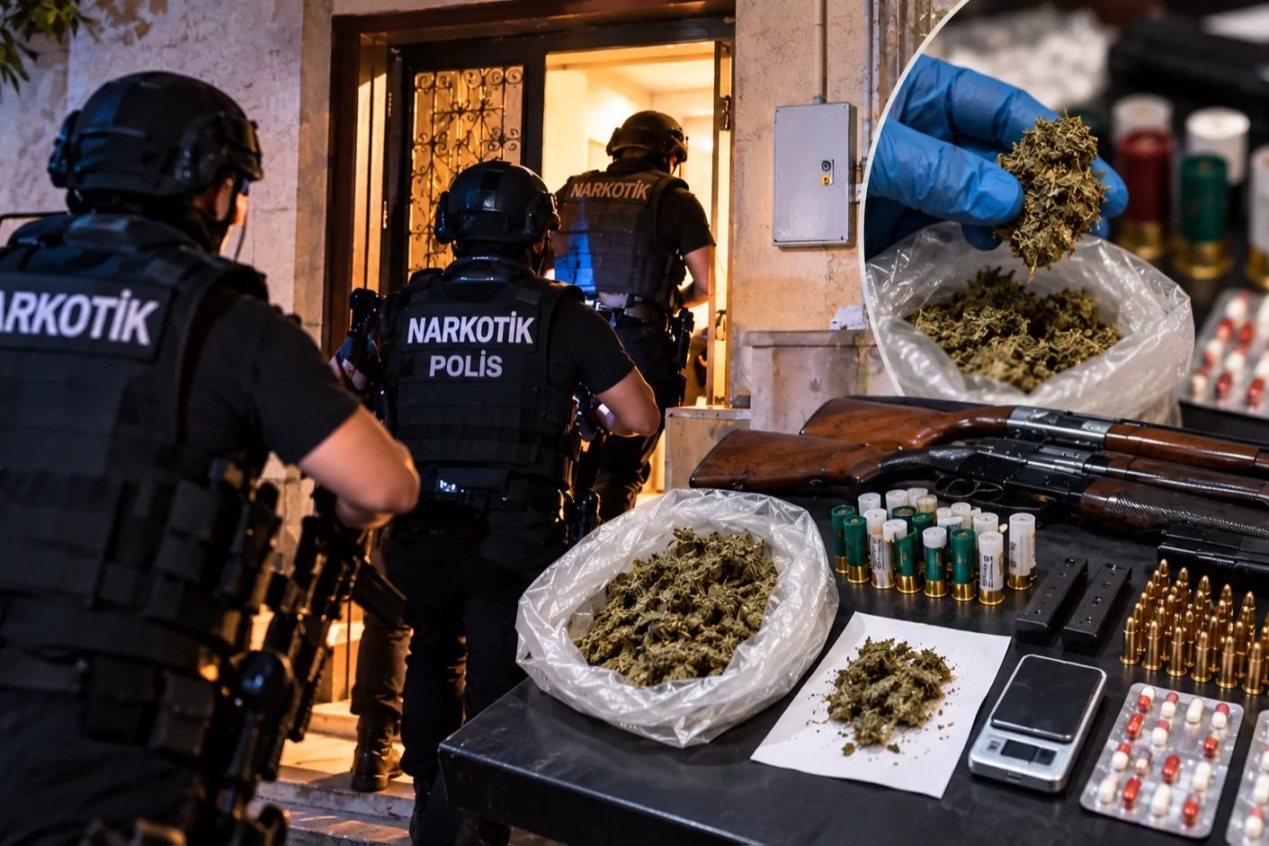Kumluca Cumhuriyet Başsavcılığı koordinesinde düzenlenen eş zamanlı operasyonlarda uyuşturucu maddeler,